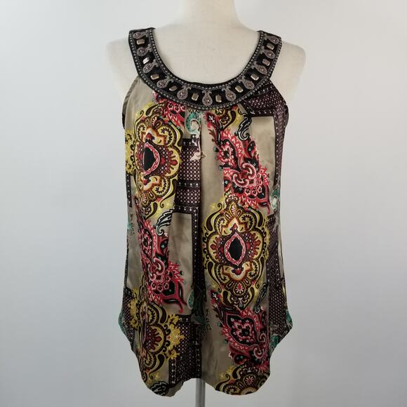 Perception Black Red yellow Boho Paisley Embellished Bling Top Size Medium - Picture 1 of 5